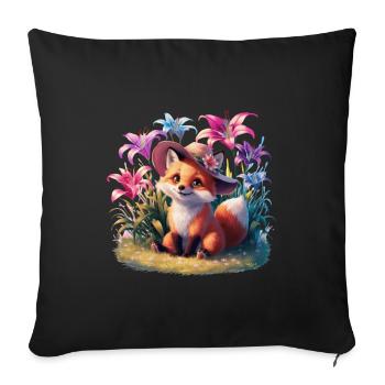 Dessin animé renard kawaii avec des lys colorés - Housse de coussin décorative 45 x 45 cm - noir - Devant