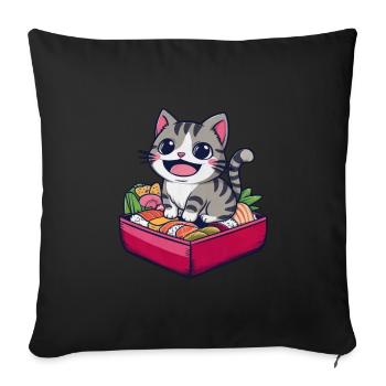 Chat Kawaii de dessin animé avec belle boîte à lunch - Housse de coussin décorative 45 x 45 cm - noir - Devant