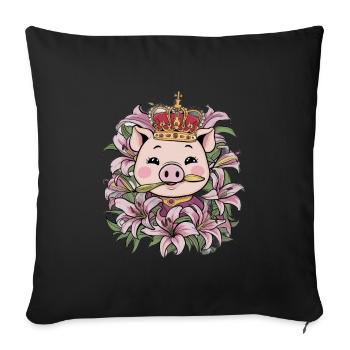 Schwein mit Krone und Lillien - Sofakissenbezug 45 x 45 cm - Schwarz - Vorne