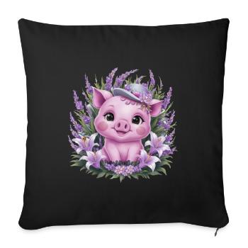 Pig in Kawaii Cartoon Style with Lavender - Sofa pillowcase 17,3'' x 17,3'' (45 x 45 cm) - black - Front