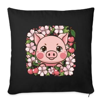 Sweet Kawai Pig with Sakura Cherry Blossoms - Sofa pillowcase 17,3'' x 17,3'' (45 x 45 cm) - black - Front