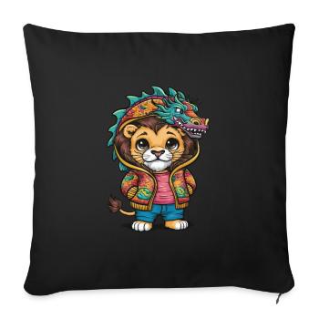 Joli lion kawaii de dessin animé avec tenue de dragon. - Housse de coussin décorative 45 x 45 cm - noir - Devant