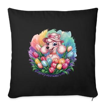 Caniche de dessin animé mignon avec des tulipes colorées - Housse de coussin décorative 45 x 45 cm - noir - Devant