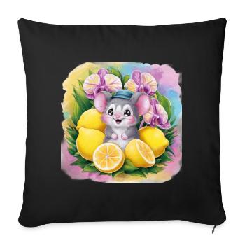 Cartoon kawaii mouse with lemons and orchids. - Sofa pillowcase 17,3'' x 17,3'' (45 x 45 cm) - black - Front