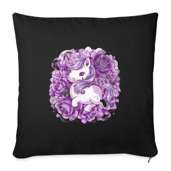 Licorne Kawaii avec des roses - Housse de coussin décorative 45 x 45 cm - noir - Devant