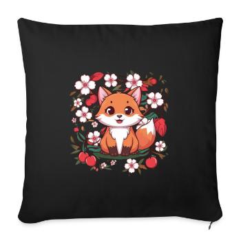 Kawaii Fox with Cherries and Sakura Cherry Blossoms - Sofa pillowcase 17,3'' x 17,3'' (45 x 45 cm) - black - Front