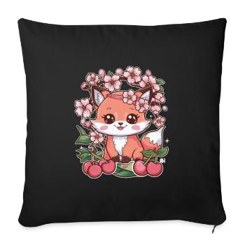 Kawaii Fox with Cherries and Sakura Cherry Blossoms - Sofa pillowcase 17,3'' x 17,3'' (45 x 45 cm) - black - Front