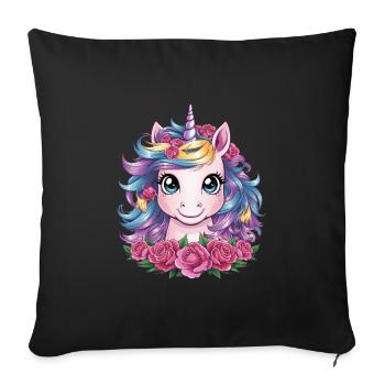 Licorne Kawaii avec des roses - Housse de coussin décorative 45 x 45 cm - noir - Devant
