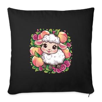 Mouton kawaii aux pêches et aux roses - Housse de coussin décorative 45 x 45 cm - noir - Devant