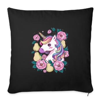 Licorne Kawaii avec Poires & Fleurs - Housse de coussin décorative 45 x 45 cm - noir - Devant