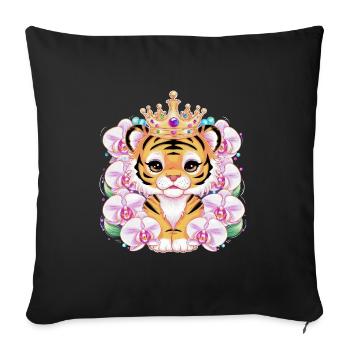Kawaii tiger with crown and magnificent orchids - Sofa pillowcase 17,3'' x 17,3'' (45 x 45 cm) - black - Front