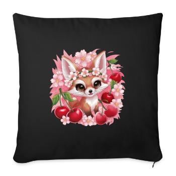 Kawaii Fox with Cherries and Sakura Cherry Blossoms - Sofa pillowcase 17,3'' x 17,3'' (45 x 45 cm) - black - Front