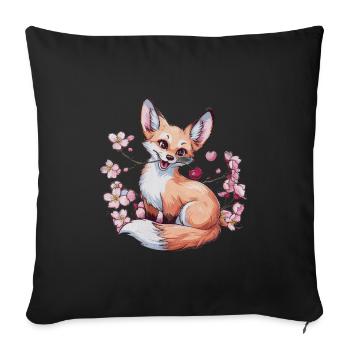 Renard kawaii avec des cerises et des fleurs de cerisier Sakura - Housse de coussin décorative 45 x 45 cm - noir - Devant