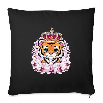 Kawaii tiger with crown and magnificent orchids - Sofa pillowcase 17,3'' x 17,3'' (45 x 45 cm) - black - Front