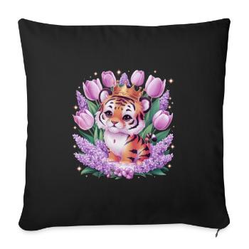 Cartoon Kawaii Tiger with Crown Tulips and Lilac - Sofa pillowcase 17,3'' x 17,3'' (45 x 45 cm) - black - Front