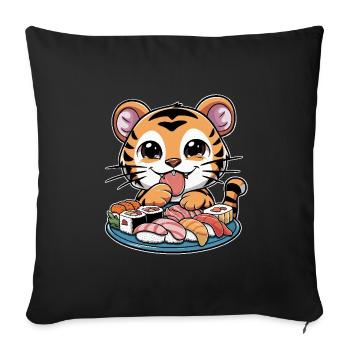 Tigre Kawaii avec Grande Assiette à Sushi - Housse de coussin décorative 45 x 45 cm - noir - Devant