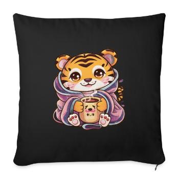 Kawaii Tiger with Cup and Blanket - Sofa pillowcase 17,3'' x 17,3'' (45 x 45 cm) - black - Front