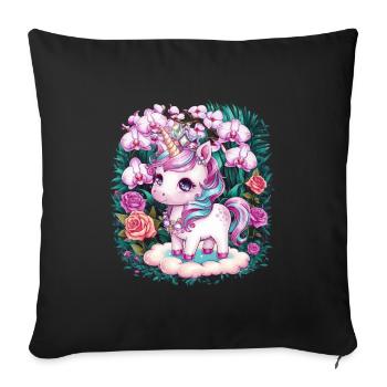 Licorne kawaii avec des roses et des orchidées - Housse de coussin décorative 45 x 45 cm - noir - Devant