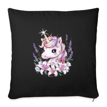 Kawaii Einhorn mit Lavendel und Lillien - Sofakissenbezug 45 x 45 cm - Schwarz - Vorne