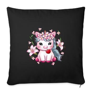 Dessin animé Licorne Kawaii avec des cerises et des lys - Housse de coussin décorative 45 x 45 cm - noir - Devant