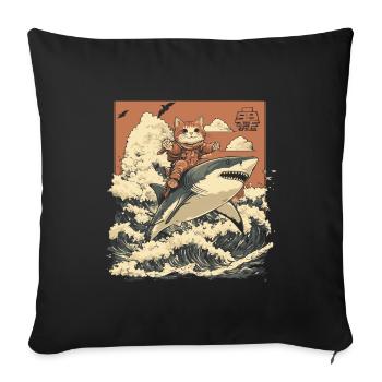 Cat Riding Shark in Japan Cartoon Art Style - Sofa pillowcase 17,3'' x 17,3'' (45 x 45 cm) - black - Front