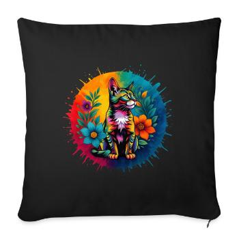 Colorful decorative cat with flowers - Sofa pillowcase 17,3'' x 17,3'' (45 x 45 cm) - black - Front