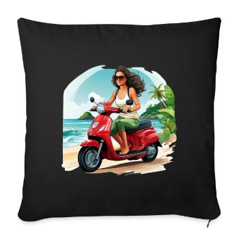 Femme avec un scooter rouge sur la plage - Housse de coussin décorative 45 x 45 cm - noir - Devant