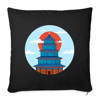 Traditionelle blaue und orangefarbene Pagode - Sofakissenbezug 45 x 45 cm - Schwarz - Vorne