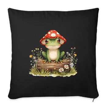 Grenouille aquarelle avec chapeau de champignon sur tronc d’arbre - Housse de coussin décorative 45 x 45 cm - noir - Devant
