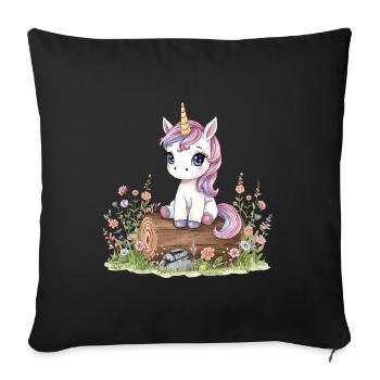 Licorne aquarelle sur tronc d’arbre avec des fleurs - Housse de coussin décorative 45 x 45 cm - noir - Devant