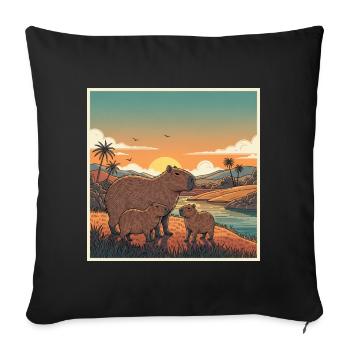 La famille Capybara au bord de la rivière sous le soleil du soir - Housse de coussin décorative 45 x 45 cm - noir - Devant