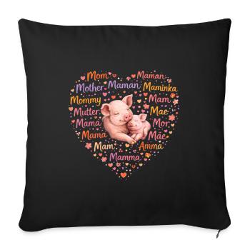 Cœur de maman porcelet, cochon – Cadeau de la fête des mères - Housse de coussin décorative 45 x 45 cm - noir - Devant