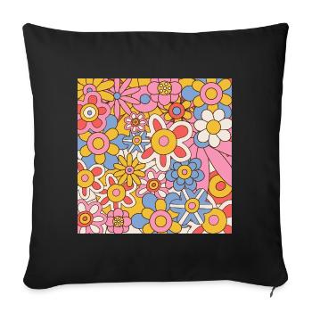 Motif rétro flower power – Floral hippie des années 70 - Housse de coussin décorative 45 x 45 cm - noir - Devant