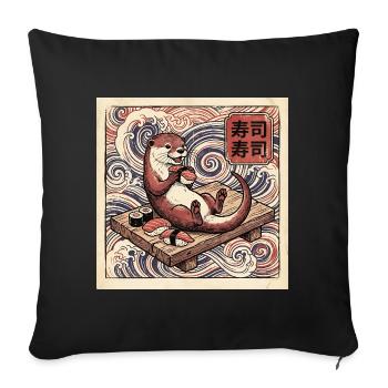 Lustiger Sushi Otter Auf Holzbank Vor Wellen - Sofakissenbezug 45 x 45 cm - Schwarz - Vorne