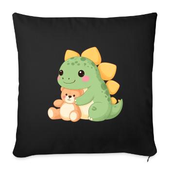 Petit dinosaure vert avec Teddy - Motif comique mignon - Housse de coussin décorative 45 x 45 cm - noir - Devant