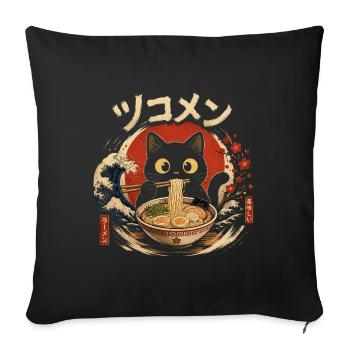 Kawaii Chat Mangeant des Nouilles Ramen drôle  - Housse de coussin décorative 45 x 45 cm - noir - Devant