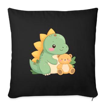 Little Green Dino with Teddy Bear – Cute Friends - Sofa pillowcase 17,3'' x 17,3'' (45 x 45 cm) - black - Front
