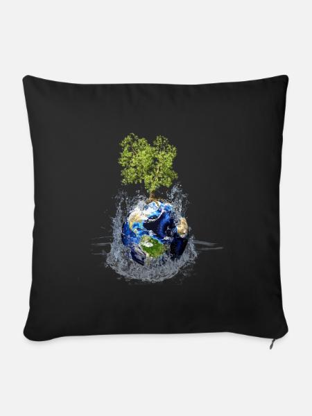 Weltkugel mit Baum und Wasserspritzer - Sofakissenbezug 45 x 45 cm - Schwarz