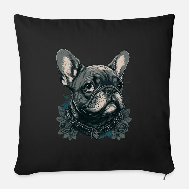 Bouledogue français avec des fleurs - Housse de coussin décorative 45 x 45 cm - noir