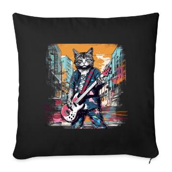 Cat Musicien E Guitare Smell N Roll Music Animal - Housse de coussin décorative 45 x 45 cm - noir - Devant