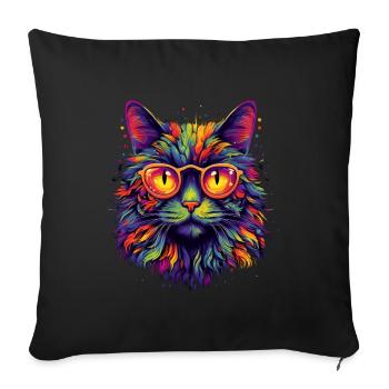 Bunte Katze mit Brille - Sofakissenbezug 45 x 45 cm - Schwarz - Vorne