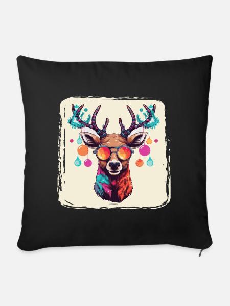 Rentier mit Weihnachtskugeln und Mütze - Sofakissenbezug 45 x 45 cm - Schwarz