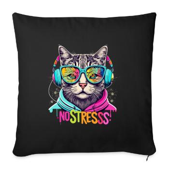 Cat with headphones Funny saying NO STRESS - Sofa pillowcase 17,3'' x 17,3'' (45 x 45 cm) - black - Front
