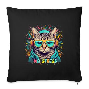Cat with headphones Funny saying NO STRESS - Sofa pillowcase 17,3'' x 17,3'' (45 x 45 cm) - black - Front