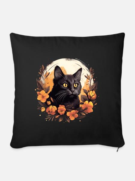 Süße Katze mit Blumen Tiermotiv Katzenliebhaber - Sofakissenbezug 45 x 45 cm - Schwarz