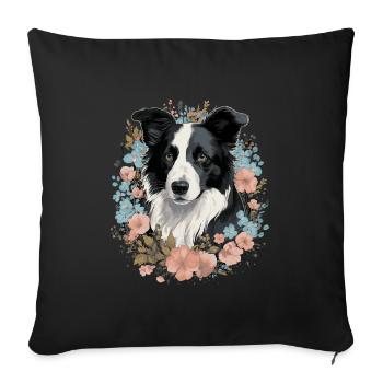 Border Collie Dog and Flowers - Sofa pillowcase 17,3'' x 17,3'' (45 x 45 cm) - black - Front