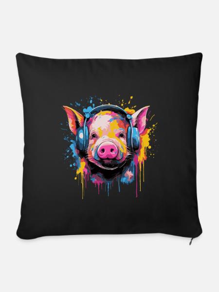 Prosiaczek DJ ze słuchawkami - Poszewka na poduszkę 45 x 45 cm - czarny