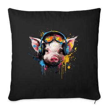 DJ piglet with headphones - Sofa pillowcase 17,3'' x 17,3'' (45 x 45 cm) - black - Front