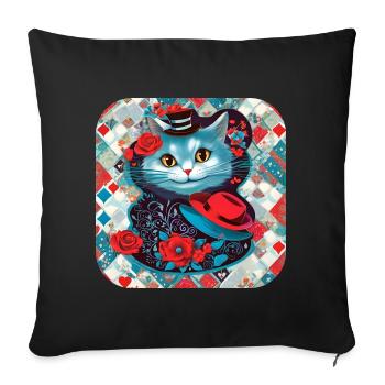 Niedliche Katze mit Hut und Rosen - Sofakissenbezug 45 x 45 cm - Schwarz - Vorne