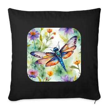 Belle libellule avec des fleurs - Housse de coussin décorative 45 x 45 cm - noir - Devant